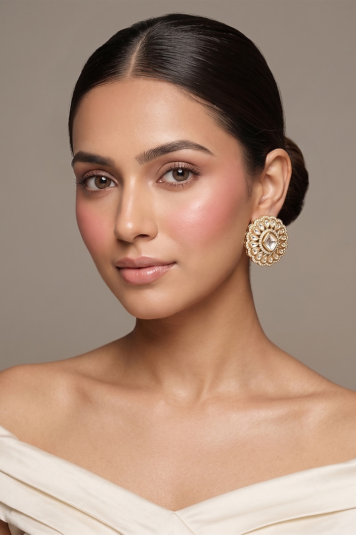 Gold Finish Kundan Polki Stud Earrings by Beryachi at Pernia's Pop Up Shop