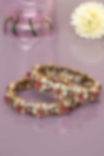 Gold Finish Ruby & Emerald Kundan Polki Bangles (Set of 2) by Beryachi at Pernia's Pop Up Shop