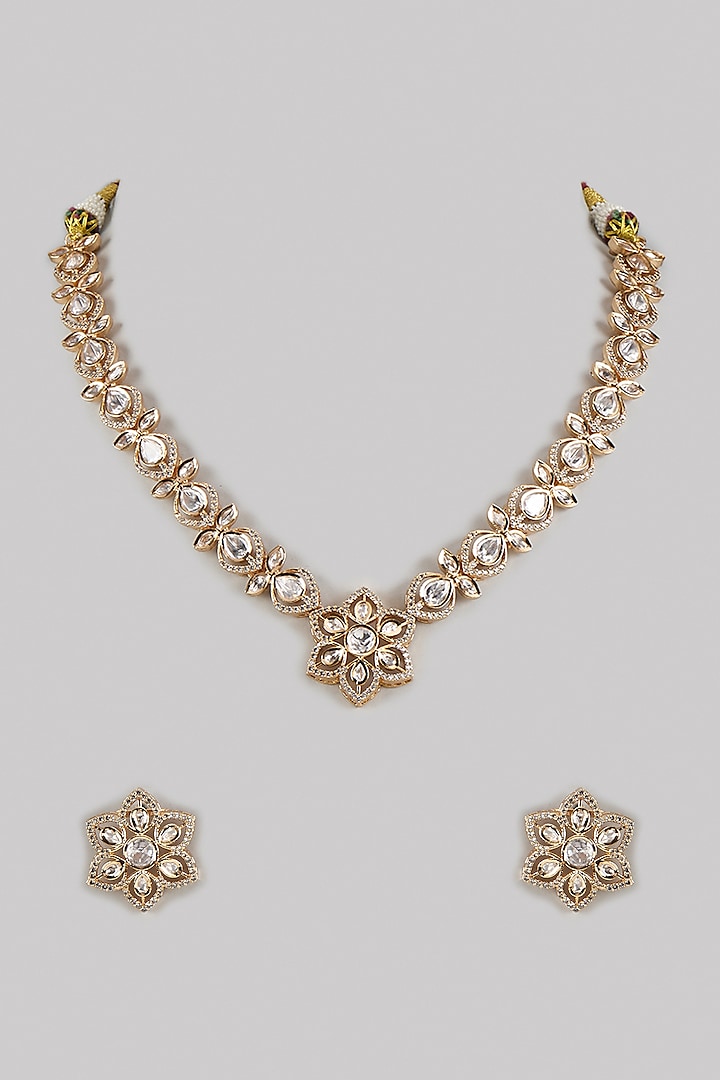 Gold Finish Kundan Polki & Zircon Floral Necklace Set by Beryachi at Pernia's Pop Up Shop