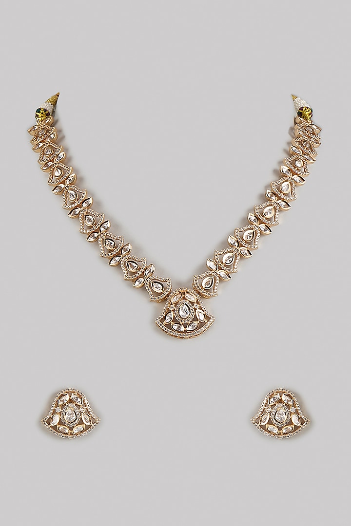 Gold Finish Kundan Polki & Zircon Lotus Necklace Set by Beryachi at Pernia's Pop Up Shop