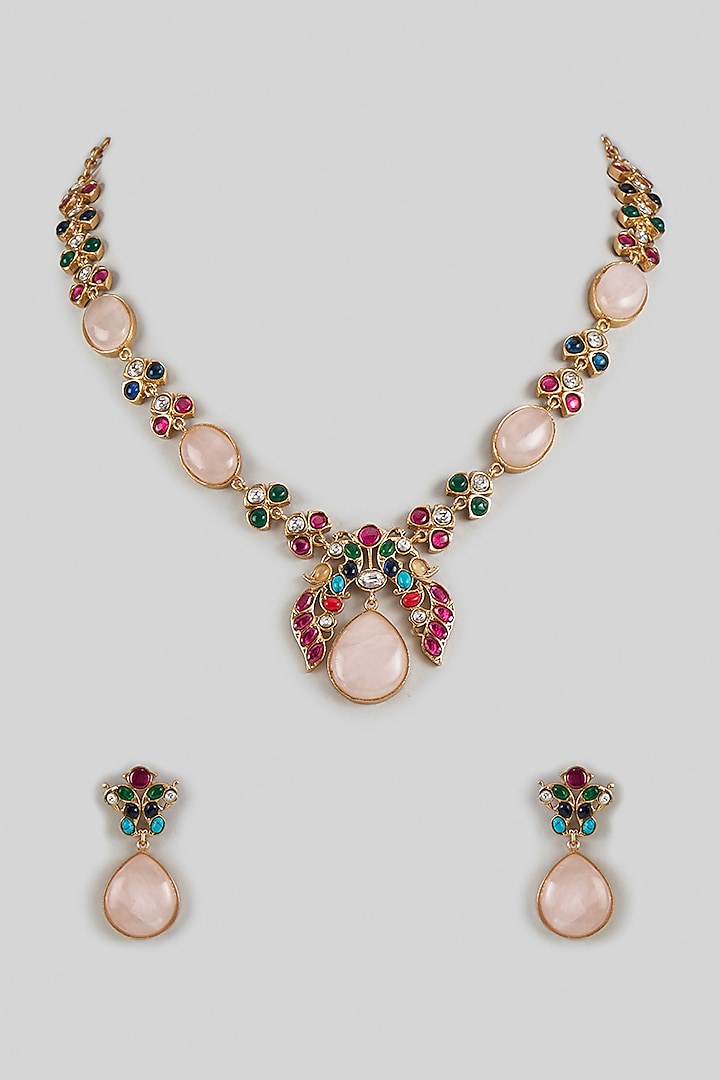 Gold Finish Multi-Colored Kundan Polki Peacock Necklace Set by Beryachi at Pernia's Pop Up Shop