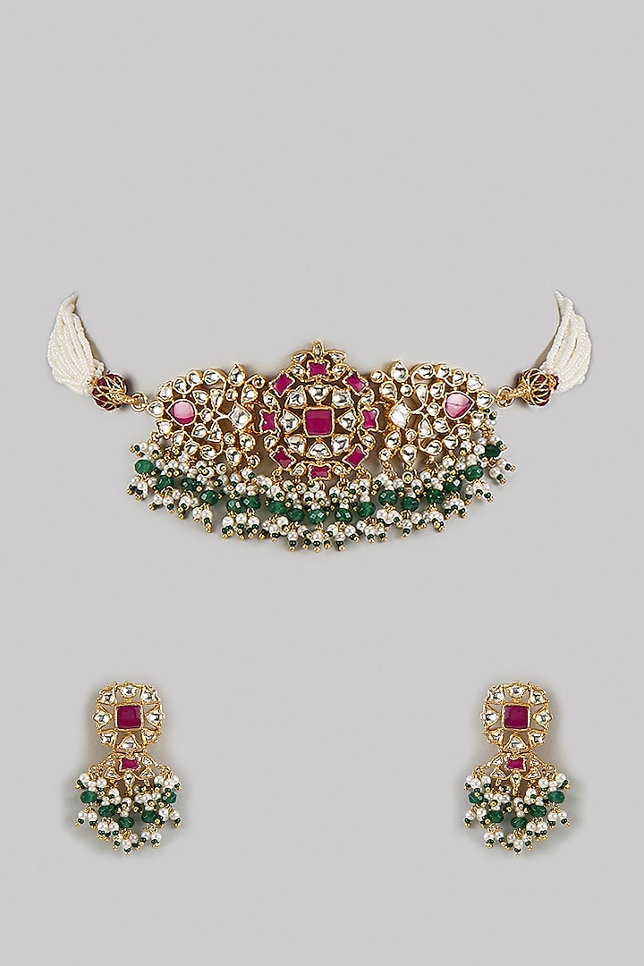 Gold Finish Multi-Colored Pachi Kundan Polki Choker Necklace Set by Beryachi at Pernia's Pop Up Shop