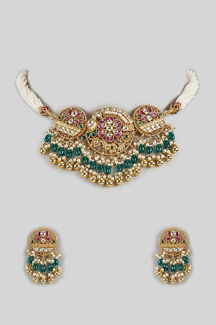 Gold Finish Multi-Colored Pachi Kundan Polki Choker Necklace Set by Beryachi at Pernia's Pop Up Shop