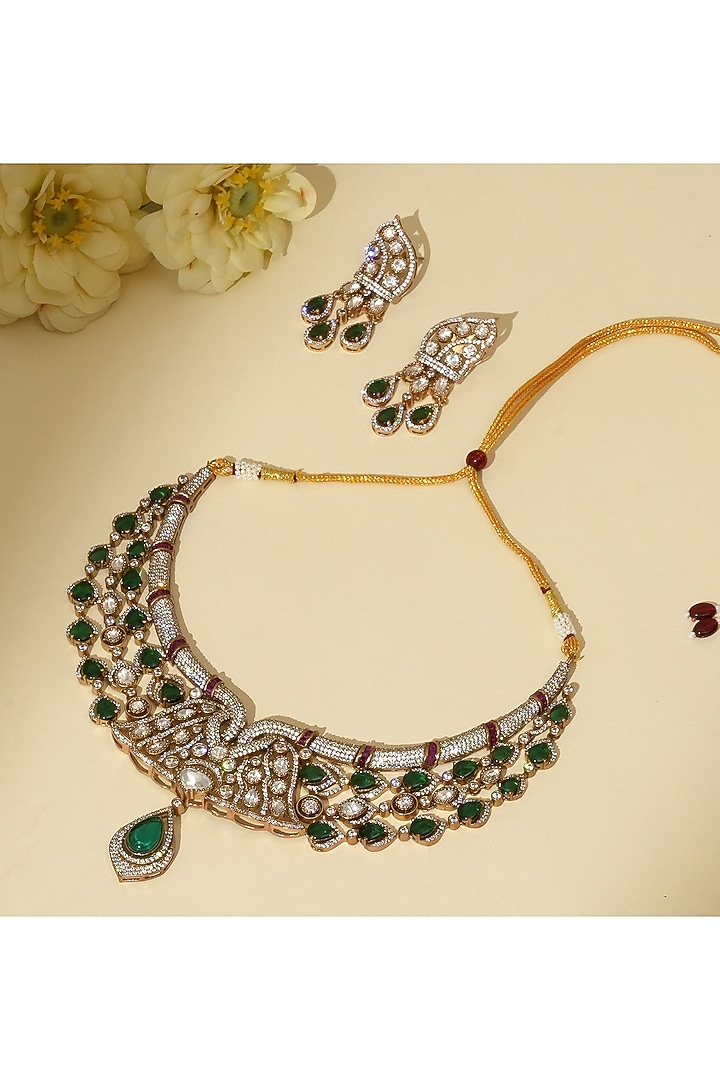 Gold Plated Emerald Moissanite & Kundan Polki Necklace Set by Beryachi at Pernia's Pop Up Shop