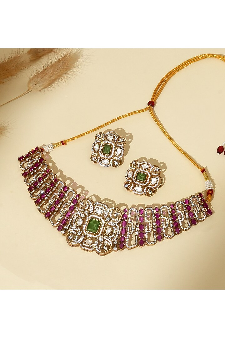 Gold Plated Ruby Stone & Kundan Polki Choker Necklace Set by Beryachi at Pernia's Pop Up Shop