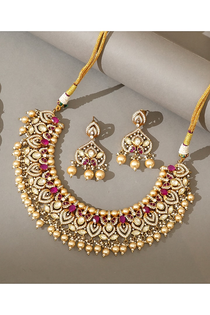 Gold Plated Kundan Polki & Freshwater Pearl Drop Necklace Set by Beryachi at Pernia's Pop Up Shop
