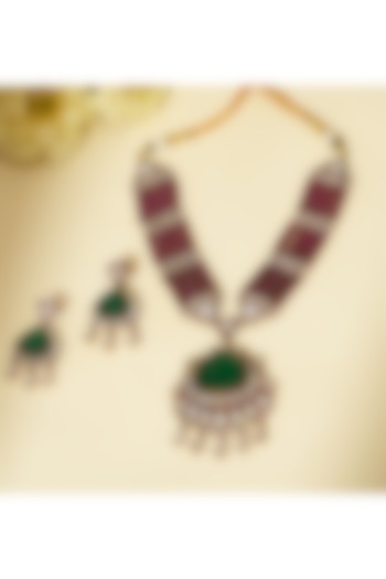 Gold Plated Kundan Polki & Hand-Carved Emerald Stone Long Necklace Set by Beryachi at Pernia's Pop Up Shop