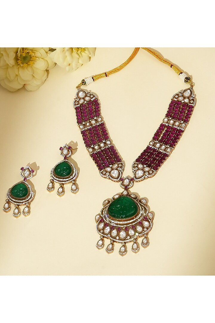 Gold Plated Kundan Polki & Hand-Carved Emerald Stone Long Necklace Set by Beryachi at Pernia's Pop Up Shop