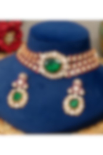 Gold Plated Kundan Polki & Emerald Stone Choker Necklace Set by Beryachi at Pernia's Pop Up Shop