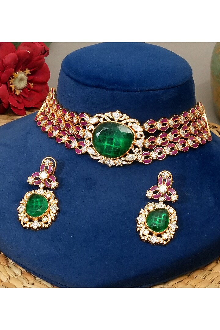 Gold Plated Kundan Polki & Emerald Stone Choker Necklace Set by Beryachi at Pernia's Pop Up Shop