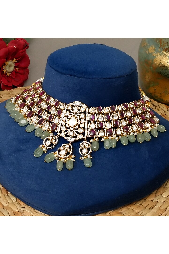 Gold Plated Kundan Polki & Mint Pearl Drop Choker Necklace Set by Beryachi at Pernia's Pop Up Shop