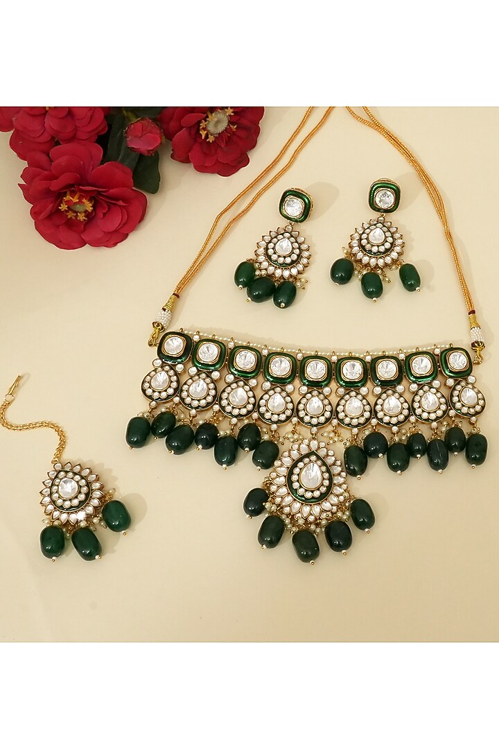 Gold Plated Kundan Polki & Emerald Stone Choker Necklace Set by Beryachi at Pernia's Pop Up Shop