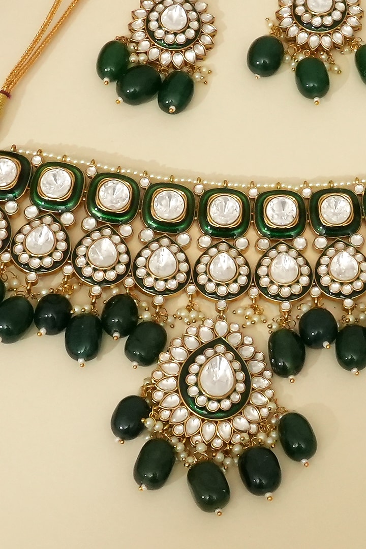 Gold Plated Kundan Polki & Emerald Stone Choker Necklace Set by Beryachi at Pernia's Pop Up Shop