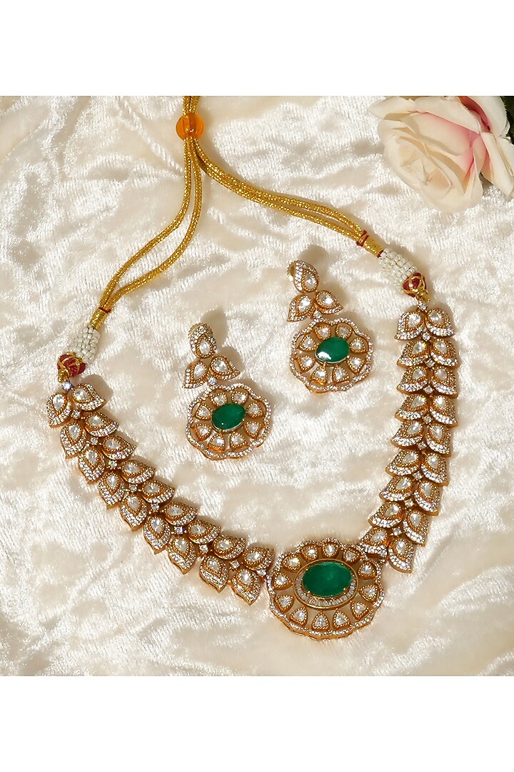 Gold Plated Moissanite Polki & Emerald Stone Necklace Set by Beryachi at Pernia's Pop Up Shop