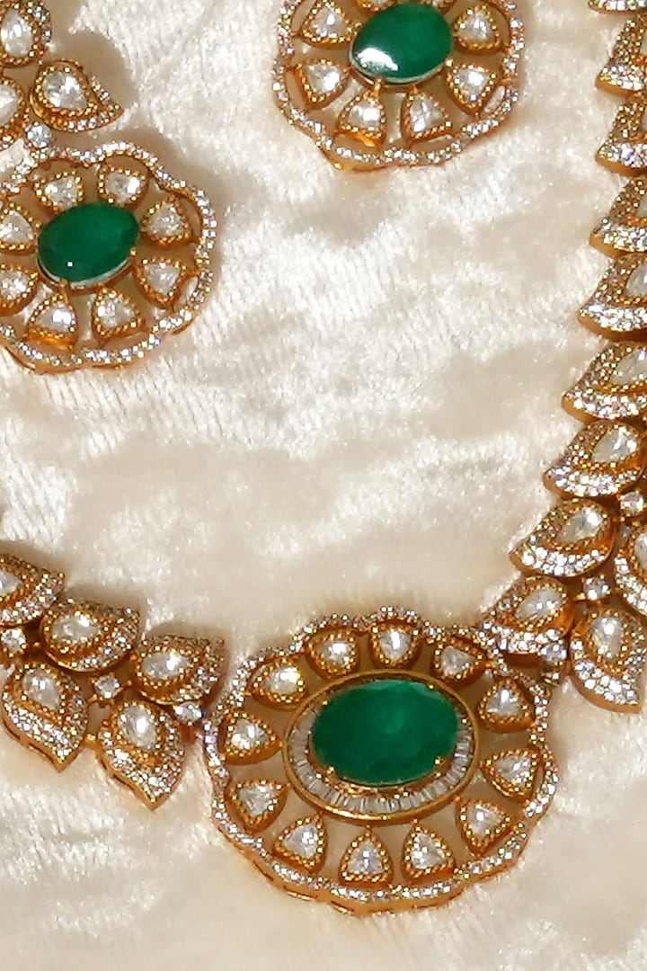Gold Plated Moissanite Polki & Emerald Stone Necklace Set by Beryachi at Pernia's Pop Up Shop