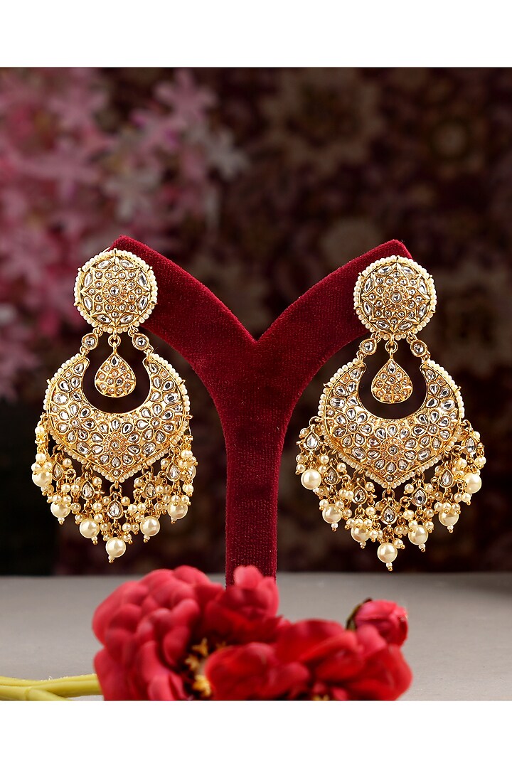 Gold Finish Kundan Polki Chandbali Earrings by Beryachi at Pernia's Pop Up Shop