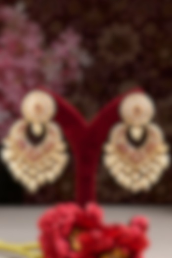 Gold Finish Kundan Polki & Ruby Chandbali Earrings by Beryachi at Pernia's Pop Up Shop
