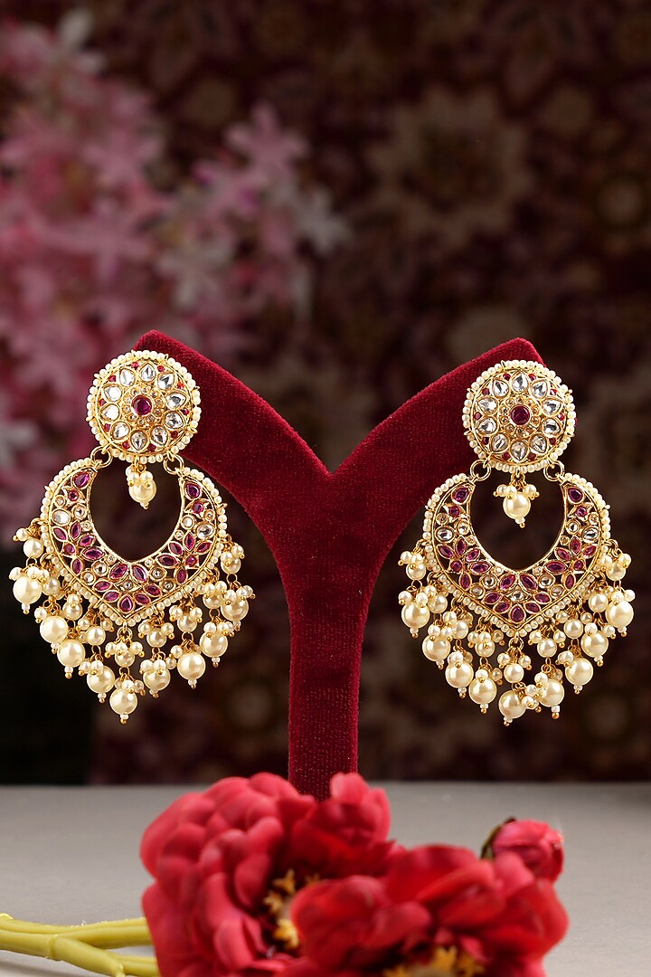 Gold Finish Kundan Polki & Ruby Chandbali Earrings by Beryachi at Pernia's Pop Up Shop