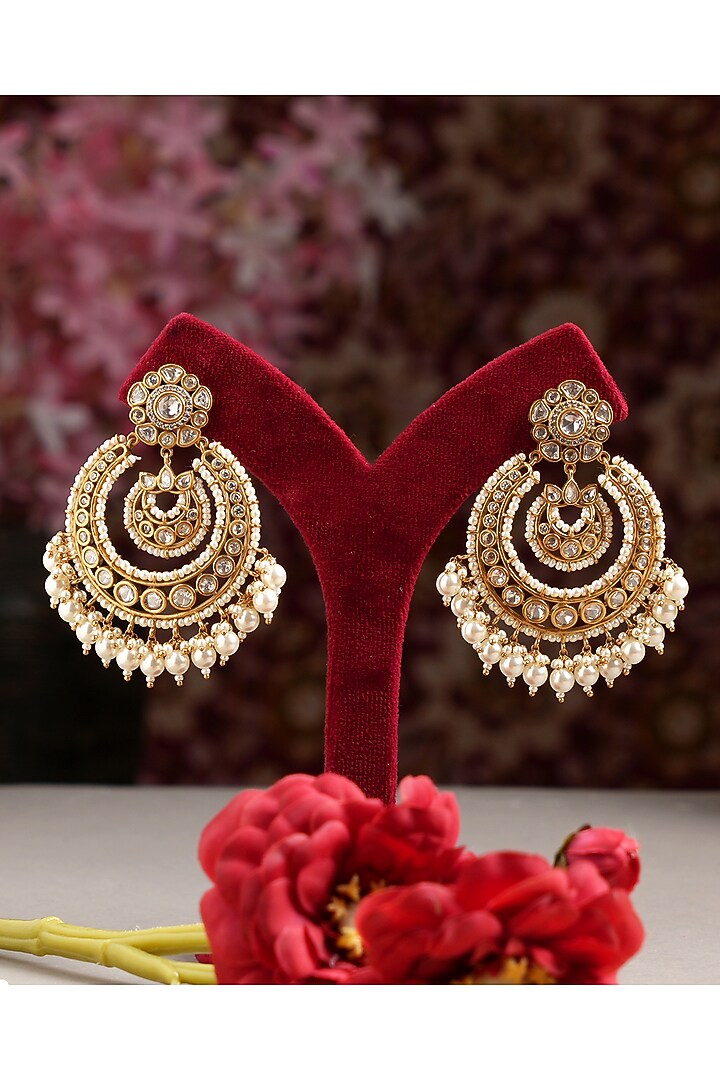 Gold Finish Kundan Polki Chandbali Earrings by Beryachi at Pernia's Pop Up Shop