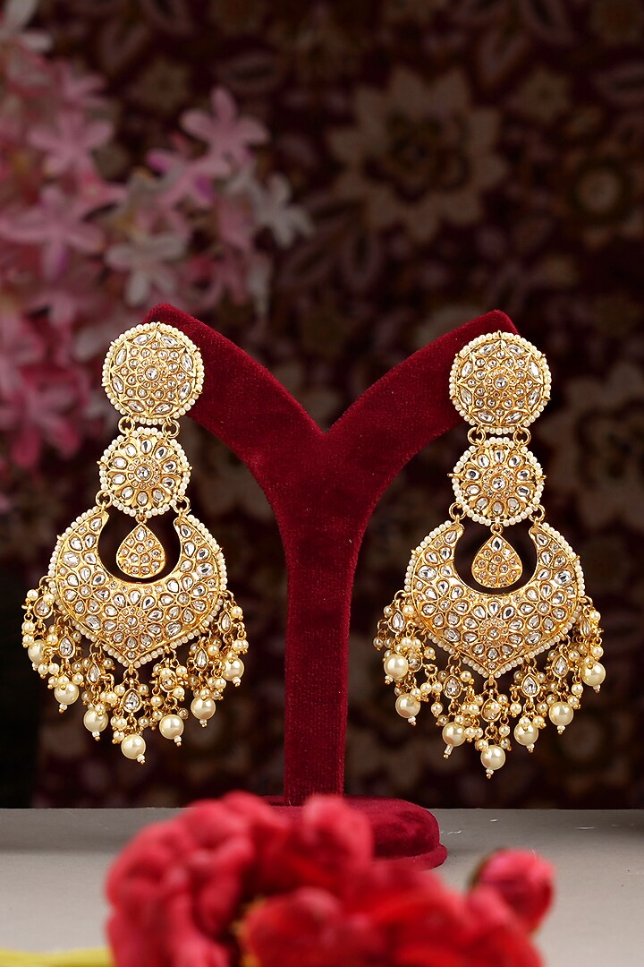 Gold Finish Kundan Polki Chandbali Earrings by Beryachi at Pernia's Pop Up Shop