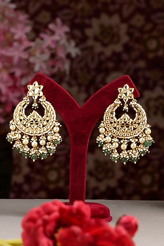 Gold Finish Pachi Kundan Polki Chandbali Earrings by Beryachi