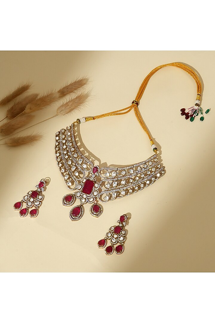 Gold Finish Kundan Polki & Ruby Stone Necklace Set by Beryachi at Pernia's Pop Up Shop