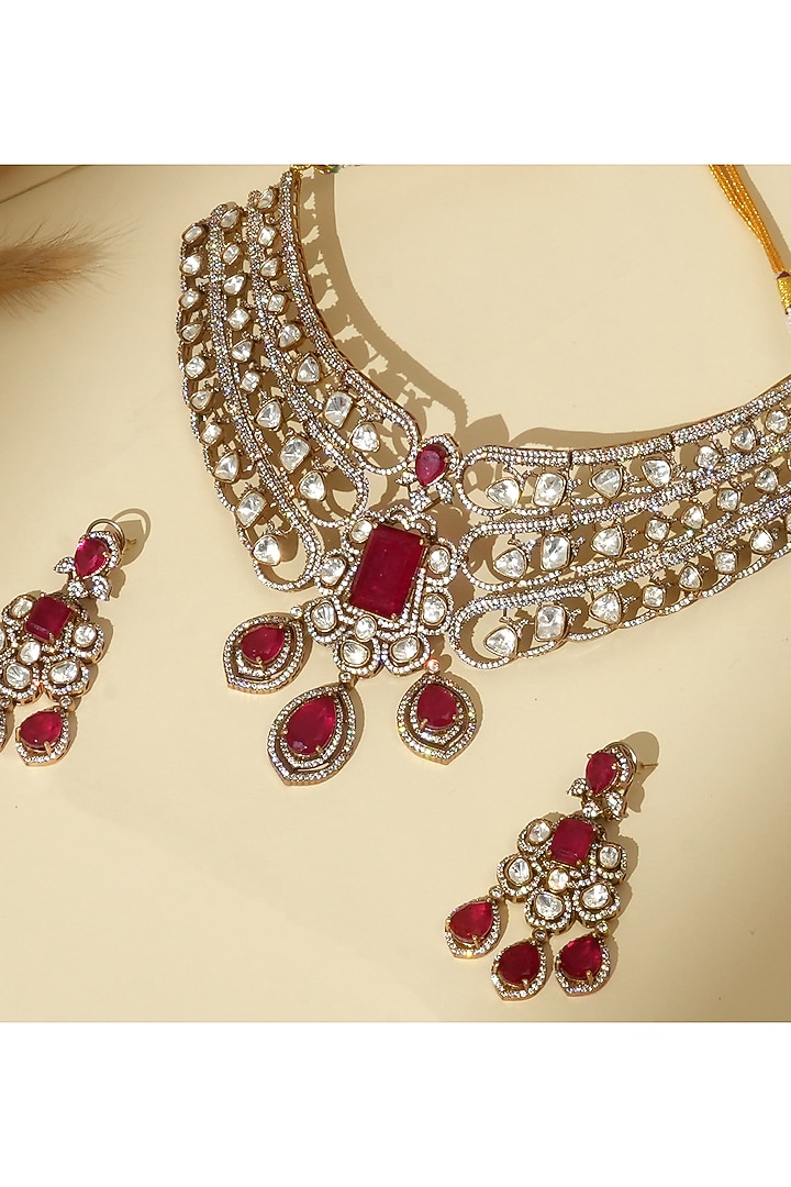 Gold Finish Kundan Polki & Ruby Stone Necklace Set by Beryachi at Pernia's Pop Up Shop