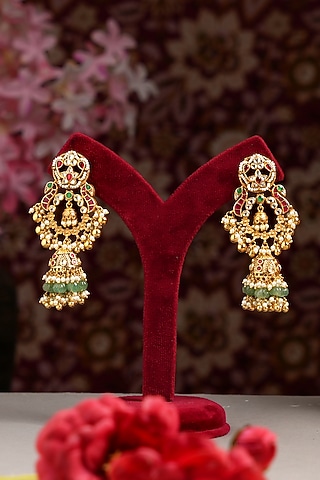 Gold Finish Pachi Kundan Polki Chandbali Earrings by Beryachi