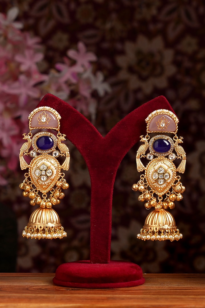 Gold Finish Kundan Polki Jhumka Earrings by Beryachi at Pernia's Pop Up Shop