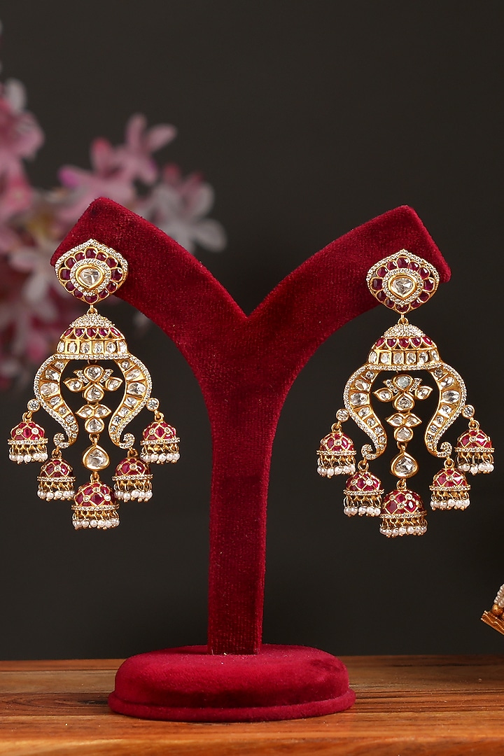 Gold Finish Ruby & Kundan Polki Jhumka Earrings by Beryachi at Pernia's Pop Up Shop