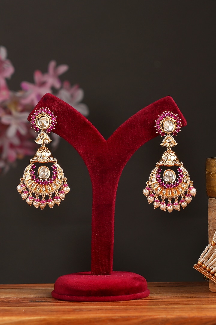 Gold Finish Kundan Polki & Ruby Chandbali Earrings by Beryachi at Pernia's Pop Up Shop