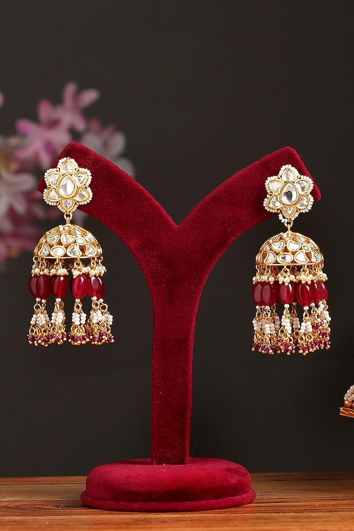 Gold Plated Kundan Polki & Moti Jhumka Earrings by Beryachi at Pernia's Pop Up Shop