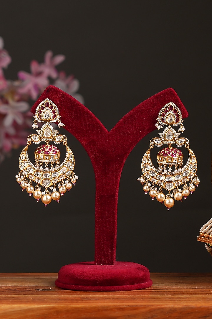 Gold Finish Kundan Polki & Ruby Stone Chandbali Earrings by Beryachi at Pernia's Pop Up Shop