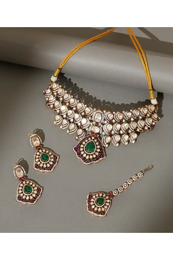 Gold Plated Moissanite Polki & Emerald Stone Choker Necklace Set by Beryachi at Pernia's Pop Up Shop