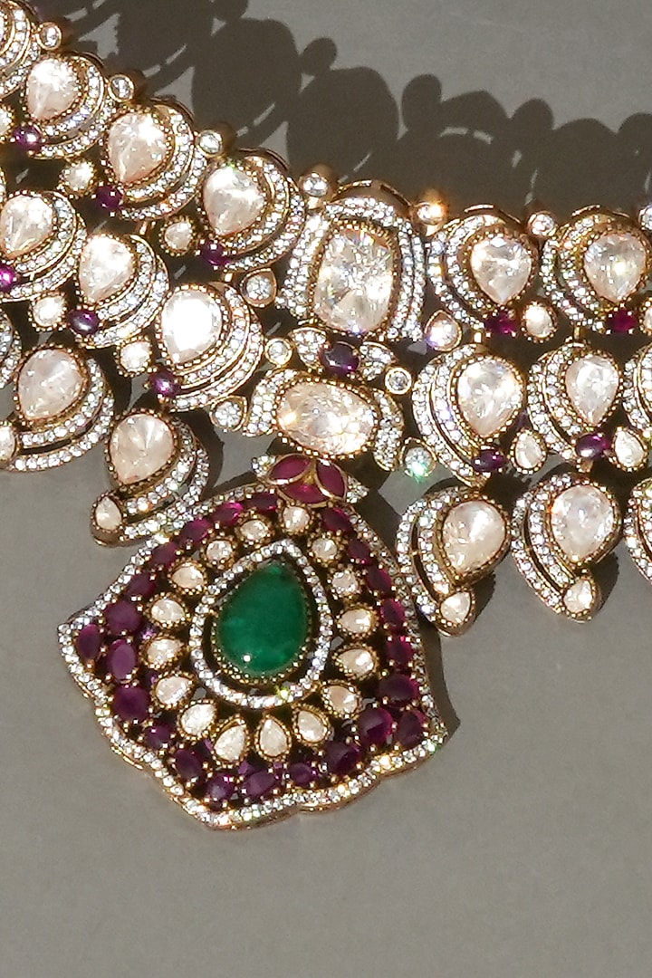 Gold Plated Moissanite Polki & Emerald Stone Choker Necklace Set by Beryachi at Pernia's Pop Up Shop