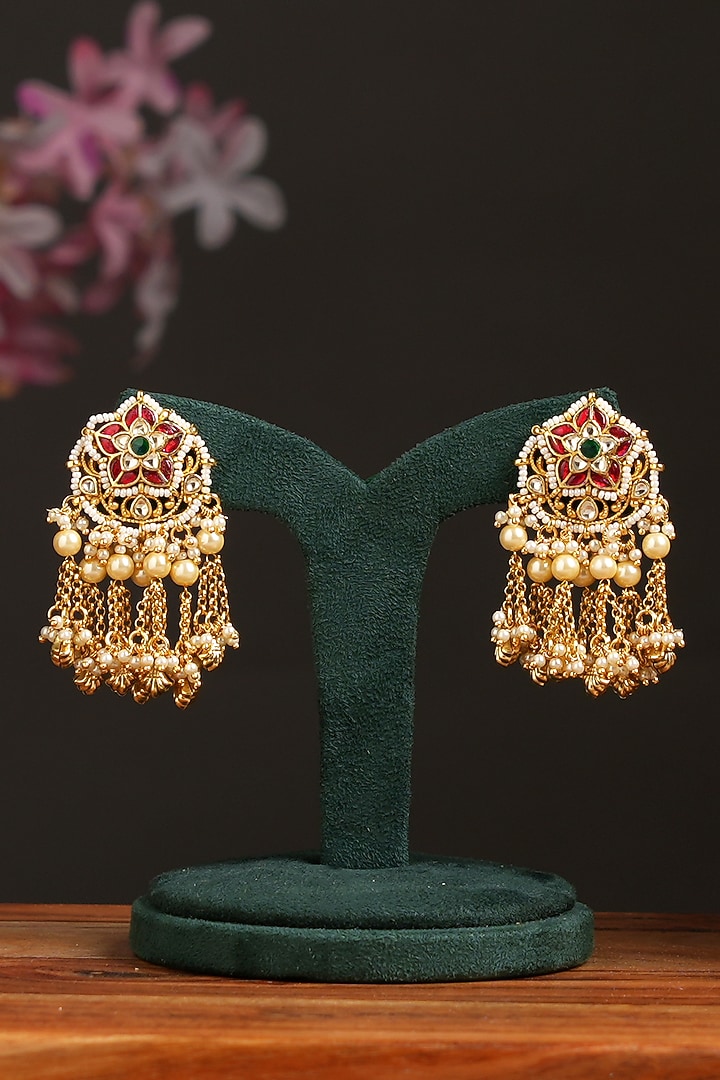 Gold Finish Kundan Polki & Multi-Colored Stone Chandbali Earrings by Beryachi at Pernia's Pop Up Shop