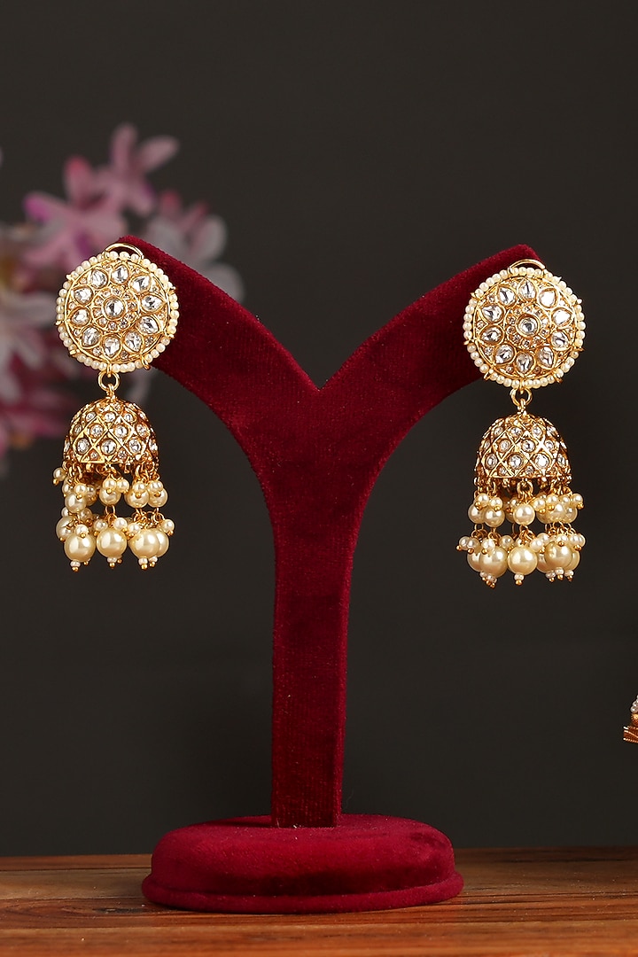 Gold Plated Kundan Polki & Pearl Jhumka Earrings by Beryachi at Pernia's Pop Up Shop