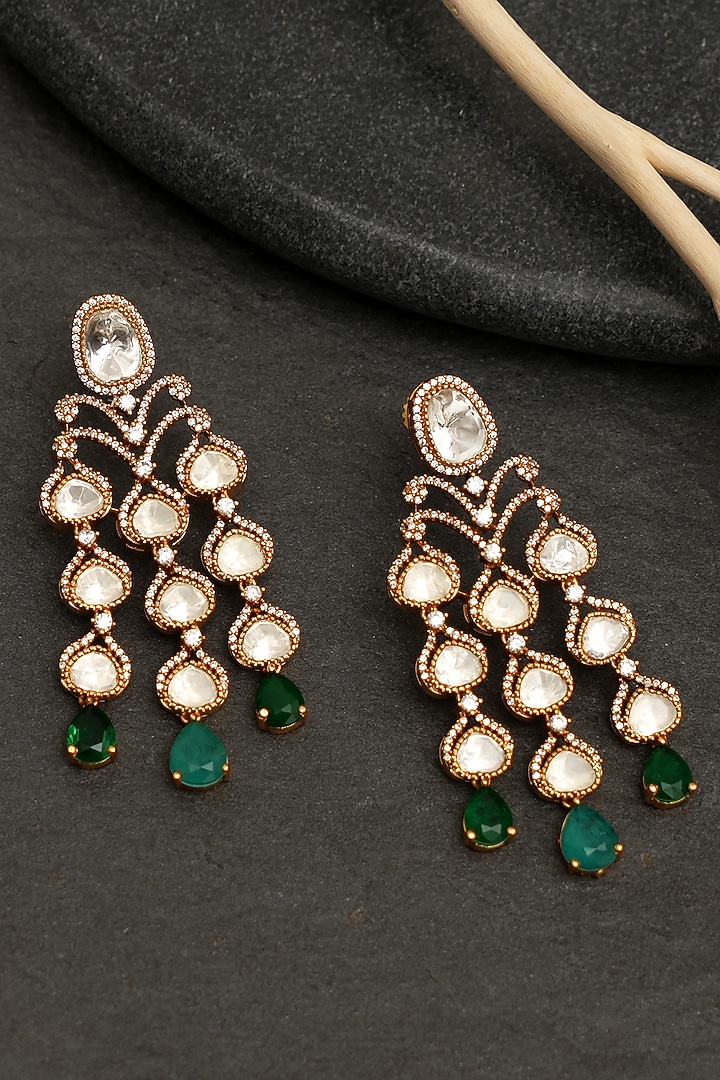 Gold Finish Emerald Green Stone & Kundan Polki Dangler Earrings by Beryachi at Pernia's Pop Up Shop