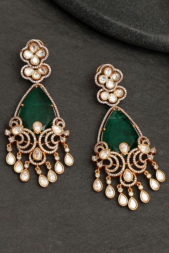Gold Finish Emerald Stone & Kundan Polki Dangler Earrings by Beryachi at Pernia's Pop Up Shop