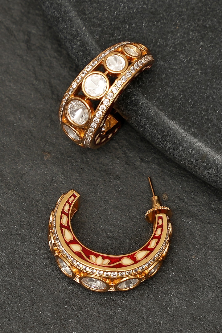 Gold Finish Kundan Polki Enameled Hoop Earrings by Beryachi at Pernia's Pop Up Shop
