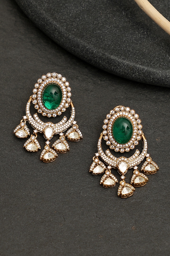 Gold Finish Kundan Polki & Emerald Stone Dangler Earrings by Beryachi at Pernia's Pop Up Shop