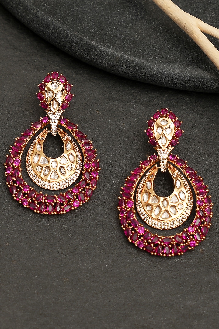 Gold Plated Ruby Stone & Kundan Polki Dangler Earrings by Beryachi at Pernia's Pop Up Shop