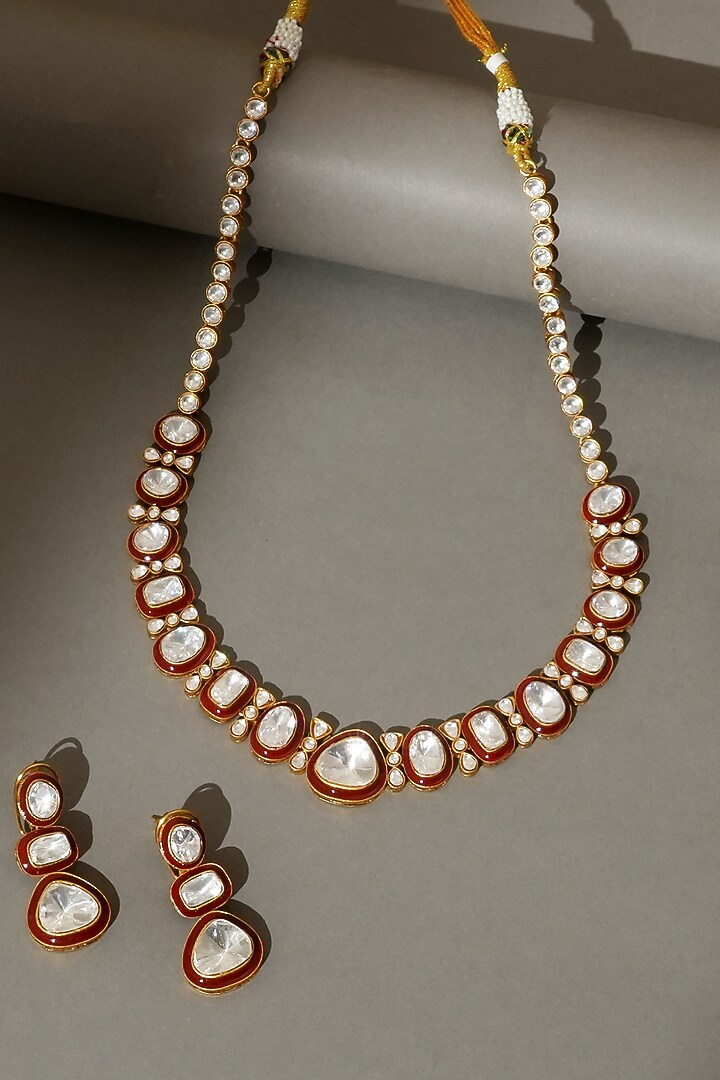 Gold Finish Kundan Polki Red Meenakari Necklace Set by Beryachi at Pernia's Pop Up Shop