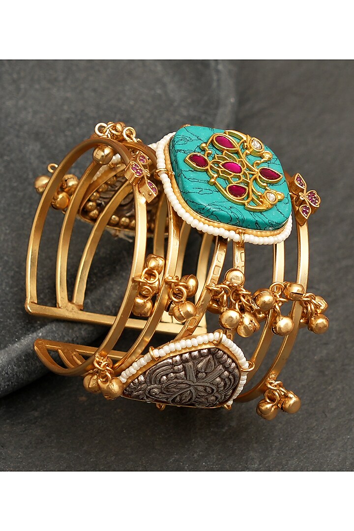 Gold Finish Kundan Polki & Semi-Precious Stone Bracelet by Beryachi at Pernia's Pop Up Shop