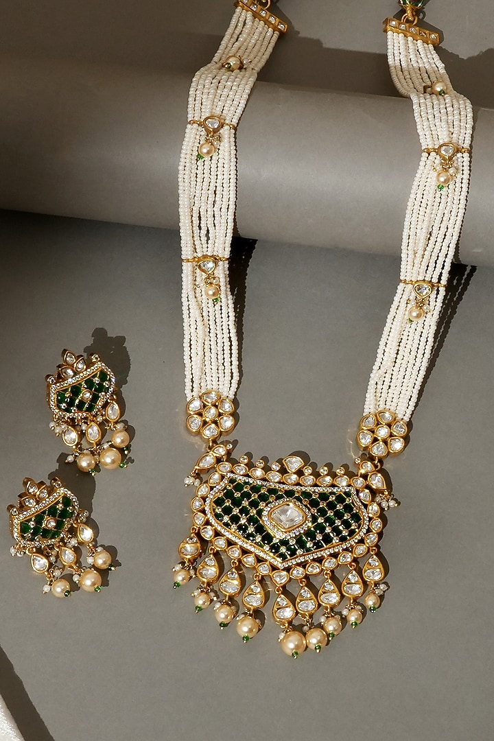 Gold Finish Kundan Polki & Pearl Necklace Set by Beryachi at Pernia's Pop Up Shop