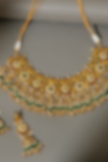 Gold Finish Pachi Kundan Polki & Emerald Drop Necklace Set by Beryachi at Pernia's Pop Up Shop