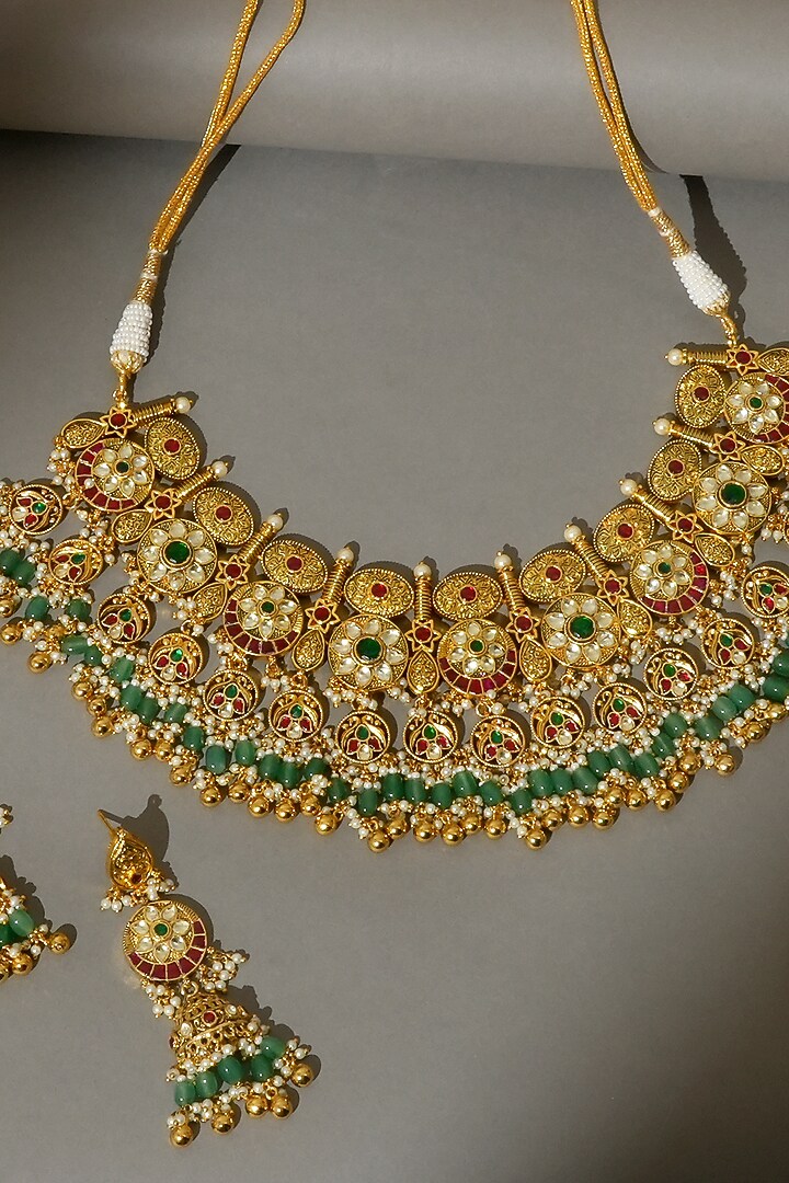 Gold Finish Pachi Kundan Polki & Emerald Drop Necklace Set by Beryachi at Pernia's Pop Up Shop