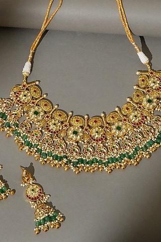 Gold Finish Pachi Kundan Polki & Emerald Drop Necklace Set by Beryachi