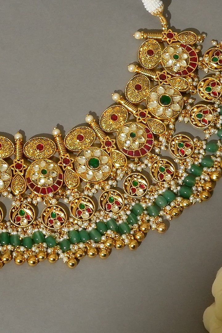 Gold Finish Pachi Kundan Polki & Emerald Drop Necklace Set by Beryachi at Pernia's Pop Up Shop