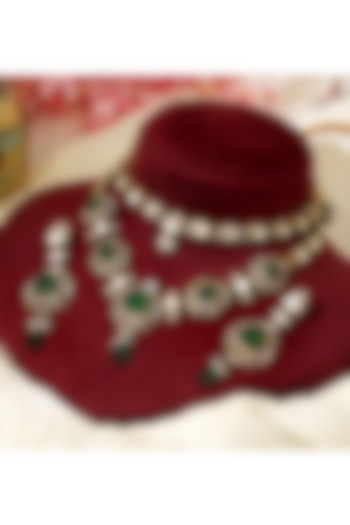 Gold Finish Moissanite Polki & Emerald Drop Layered Necklace Set by Beryachi at Pernia's Pop Up Shop